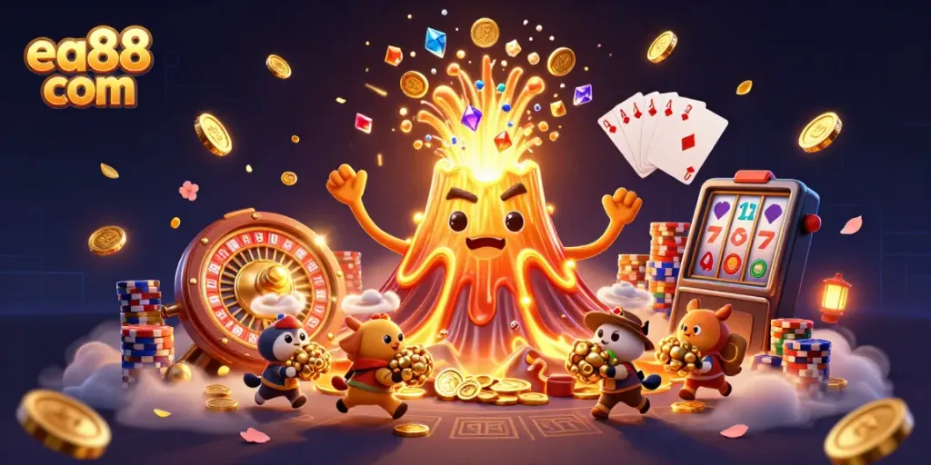 Experience the thrill at ea88 com with an animated scene of golden treasures and adventure in a vibrant casino.