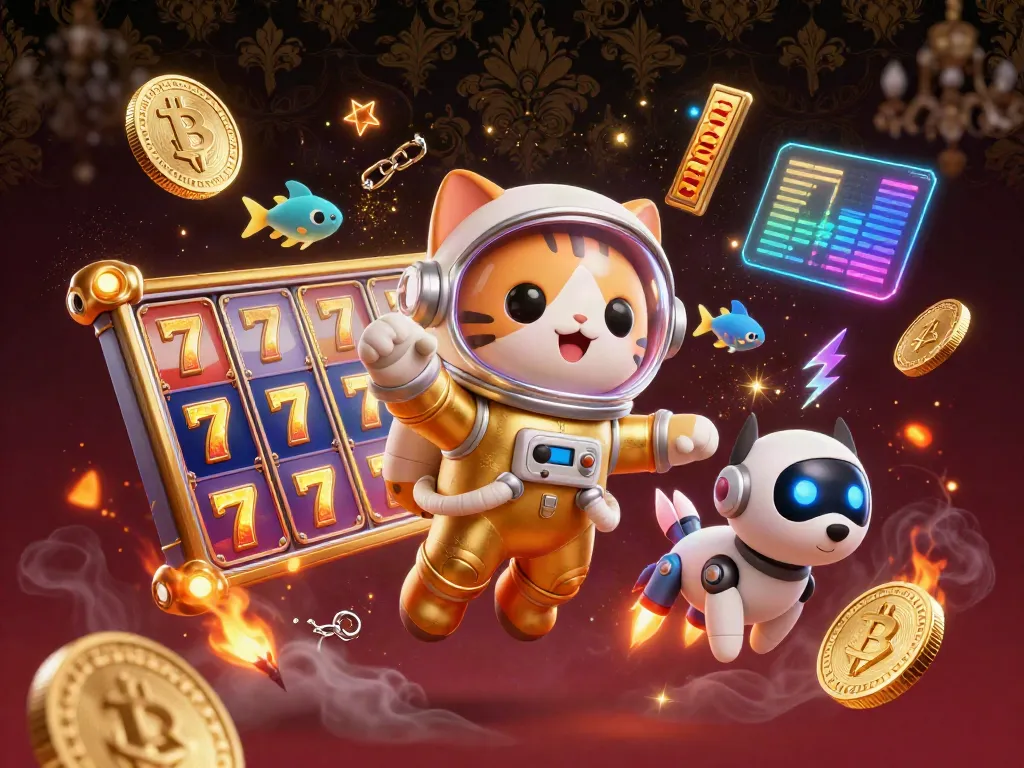 Play thrilling games at go88 with a fun 3D illustration of a space cat and robot dog among vibrant slot machines.