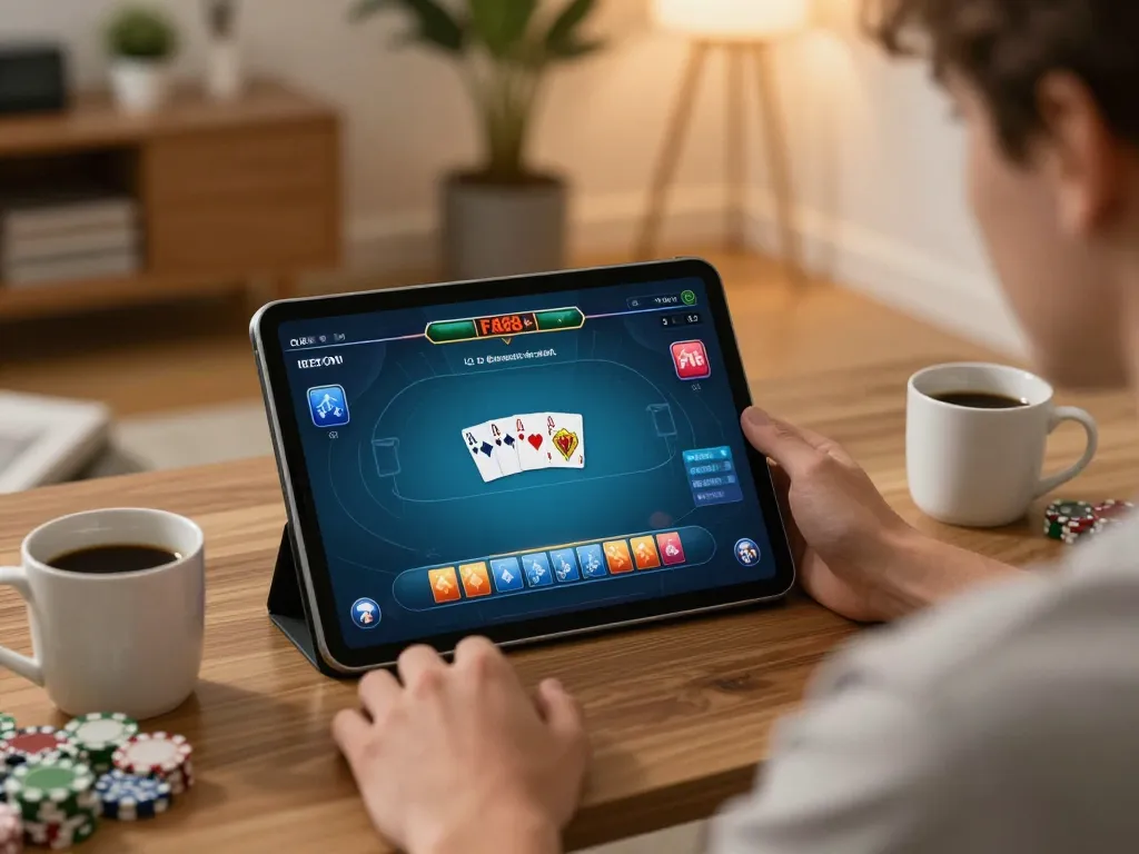 FA88 player enjoying online poker game on tablet in cozy home setting