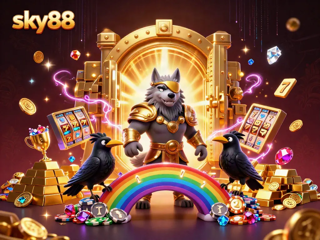 Experience thrilling gaming action with Sky88's vibrant casino scene, showcasing Norse mythology-inspired characters.