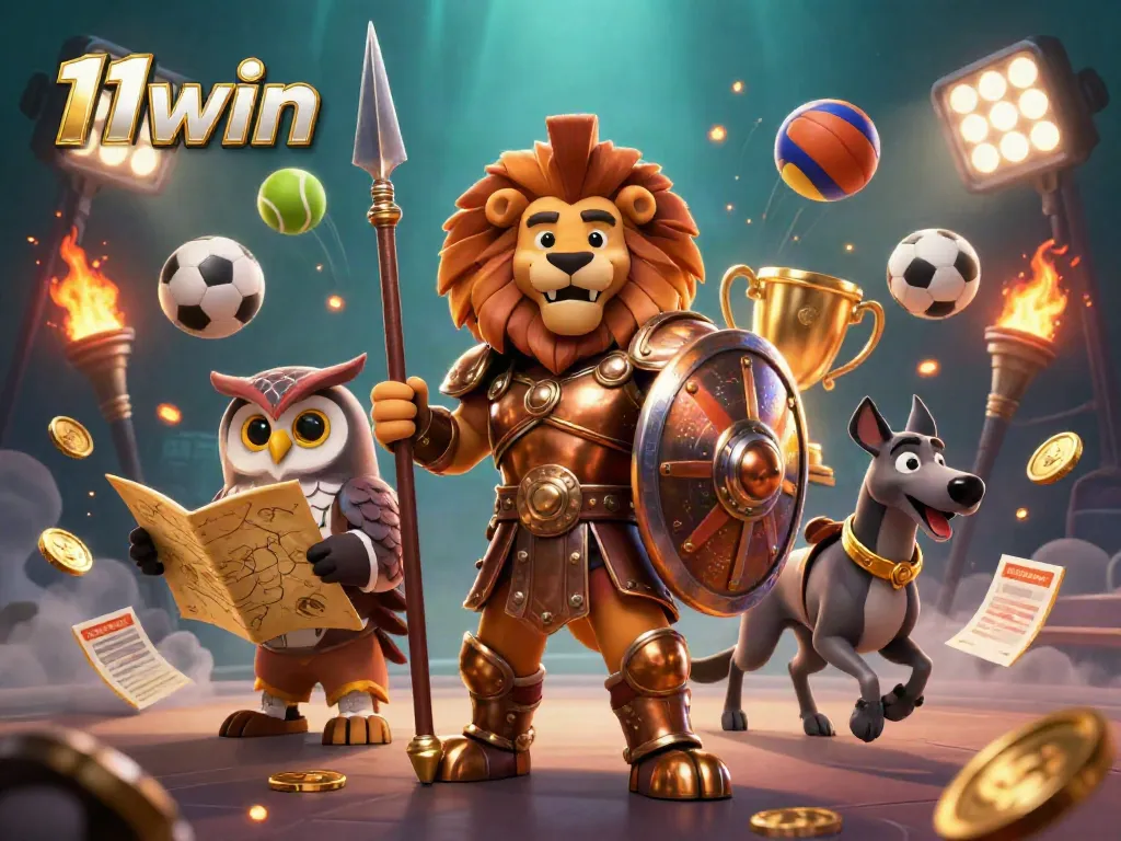 Experience thrilling sports action with 11win as a Spartan lion strategizes for big wins in this immersive casino illustration.