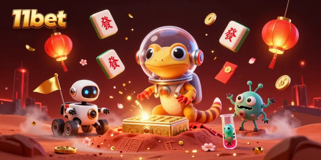 Experience thrilling gameplay at 11bet with a futuristic casino adventure on Mars, showcasing vibrant symbols and characters.
