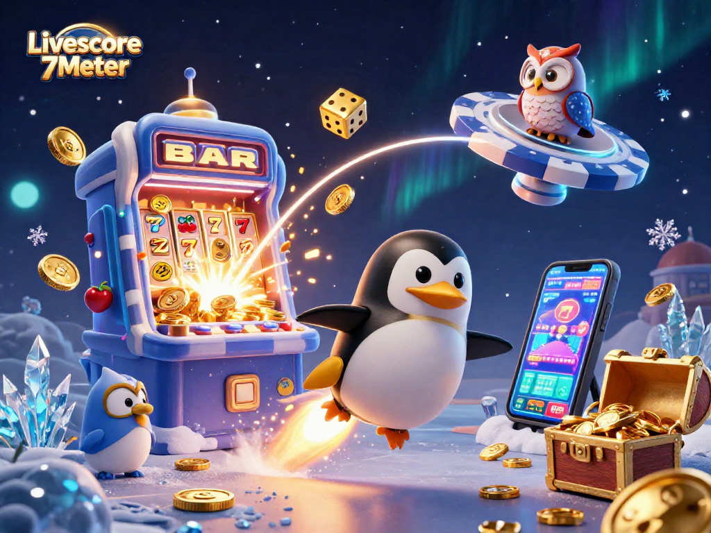 Experience thrilling gaming with Livescore 7Meter, a 3D illustration showcasing a golden penguin blasting towards a casino chip space station.