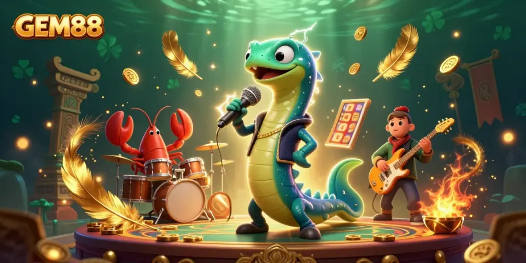GEM88 showcases vibrant visuals of an underwater casino with characters performing amidst slot reels and coins.