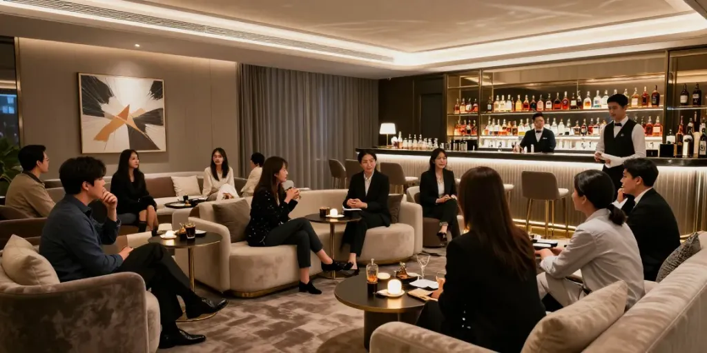 강남타이밍 쩜오의 고급스러운 내부, 손님과 매니저가 함께하는 즐거운 시간