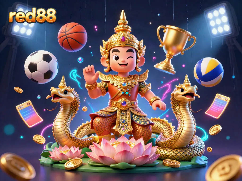 Win big at red88 with an exciting 3D illustration showcasing casino elements and energetic characters.