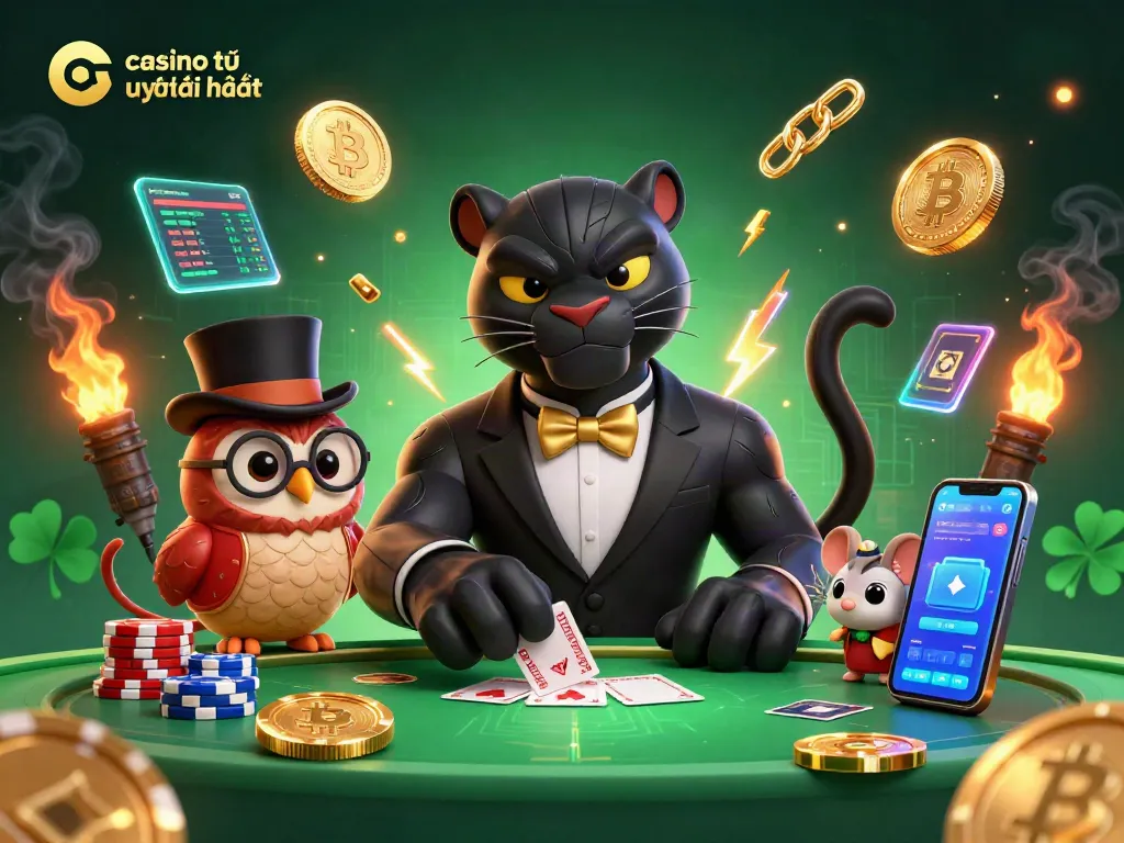 Các nhân vật thú vị trong hình ảnh quảng bá casino trực tuyến uy tín nhất, thể hiện cảm giác hồi hộp của trò chơi bài.