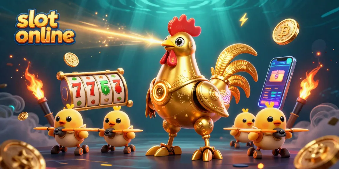 Win big with innovative slot online games, featuring dynamic visuals of golden rooster robot and coins.