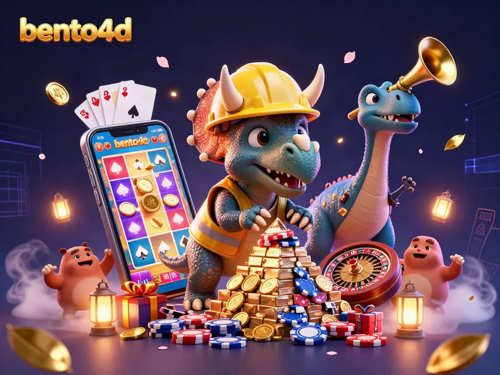 Bento4d showcases a vibrant casino scene with exciting characters and dynamic gaming elements in a packed, celebratory setting.