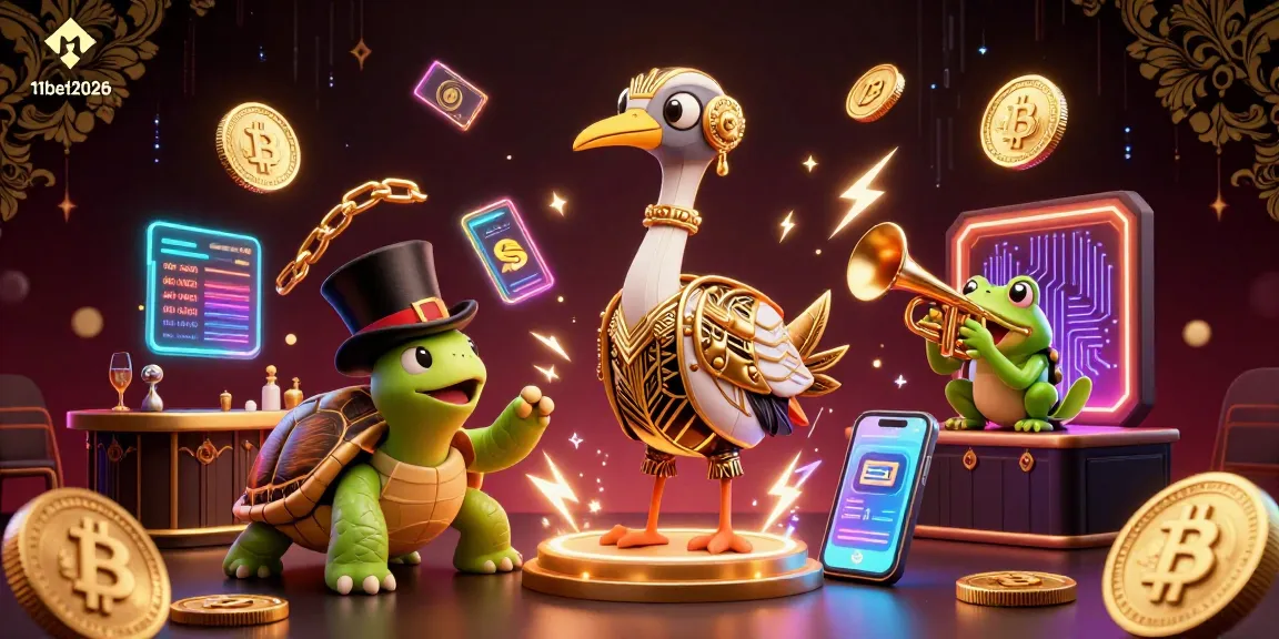 Experience the vibrant scene of 11bet2026 with cartoon characters and crypto elements in a lively casino.