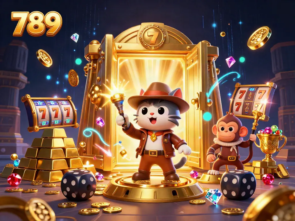 Engage in gambling adventures with 789 as an explorer cat discovers treasures in a dazzling casino.