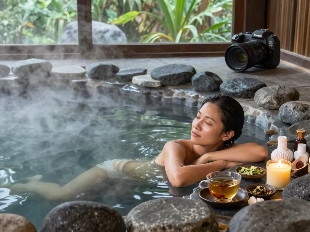 Experience ultimate relaxation at ROKOK88: volcanic hot spring with dark mineral water and soothing atmosphere.