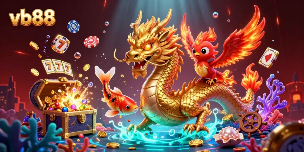 Experience thrilling gameplay with vb88, as a fierce dragon and phoenix soar over a dazzling treasure.
