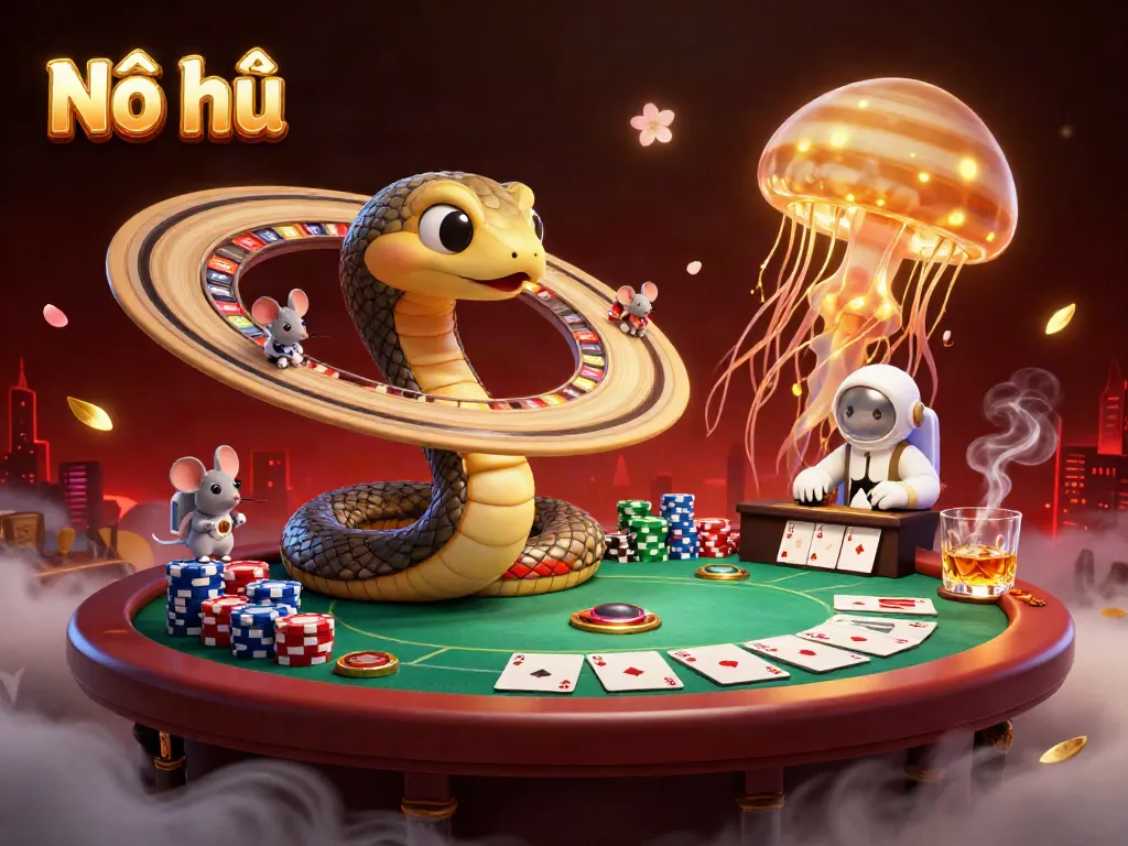 Nổ hũ celebrates cosmic gameplay with a Saturn snake roulette and astronaut mice betting in a vibrant casino scene.