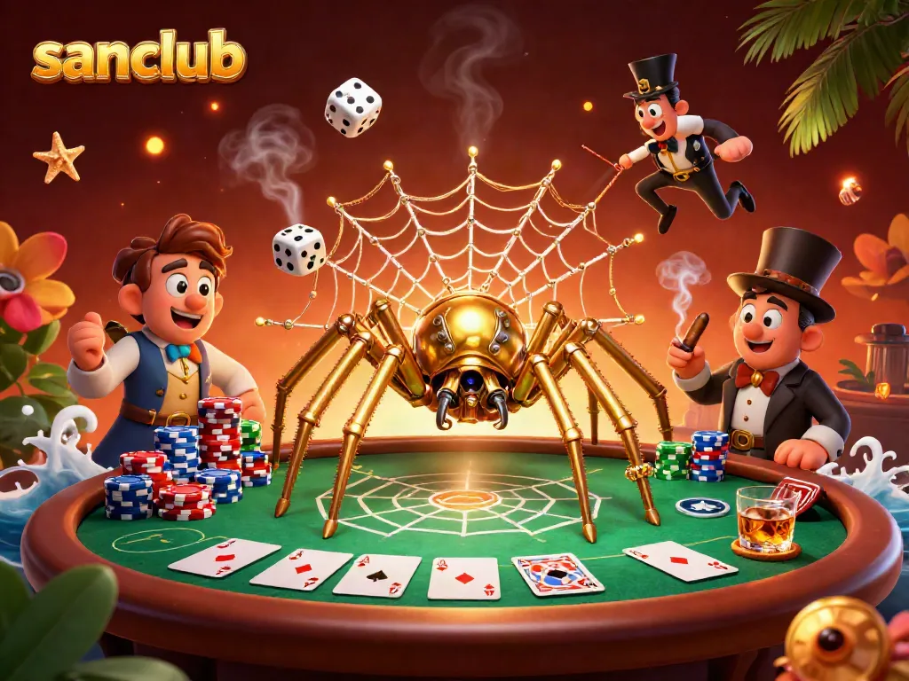Experience the excitement at SanClub with a steampunk-themed 3D illustration of poker and casino elements.