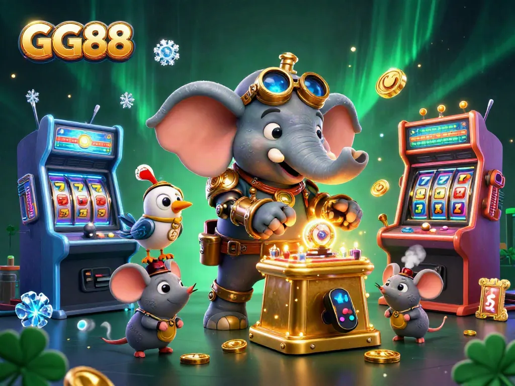 Spin the reels in the GG88 casino with a cheerful steampunk elephant and vibrant 3D game elements.