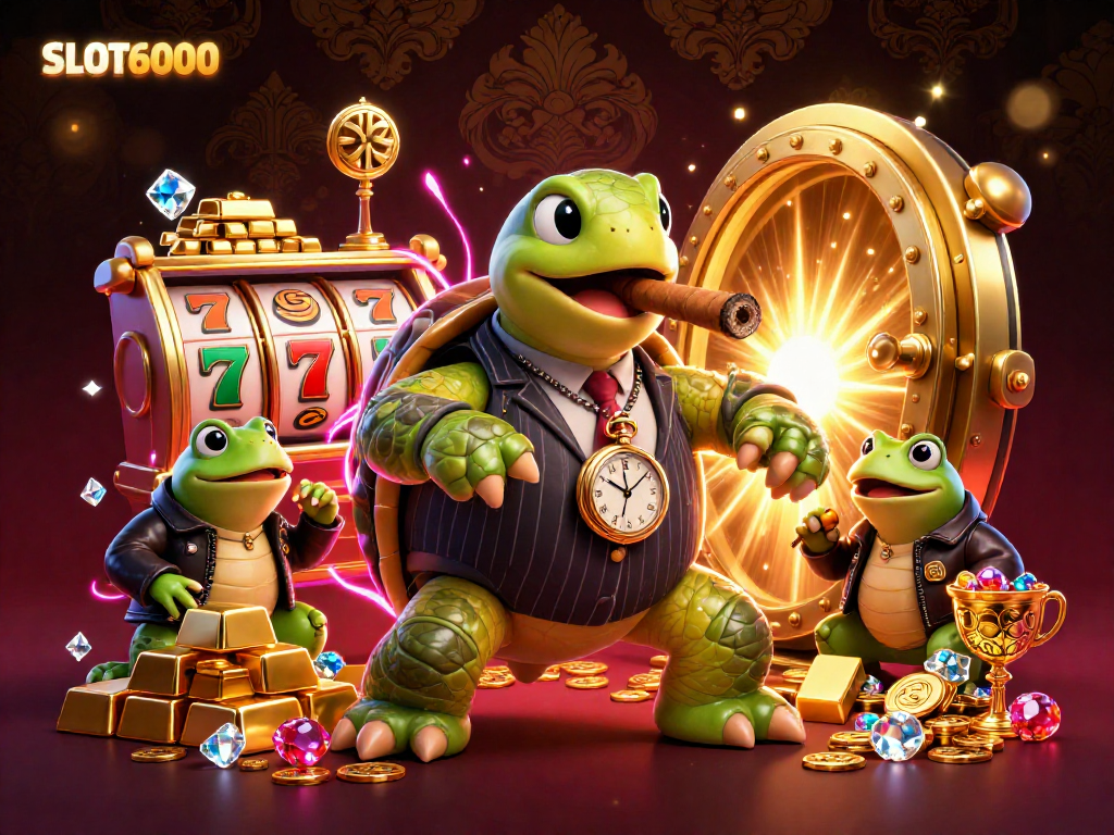 SLOT6000 showcases vibrant slot reels and lucky 7s alongside a mobster turtle and bullfrog enforcers.