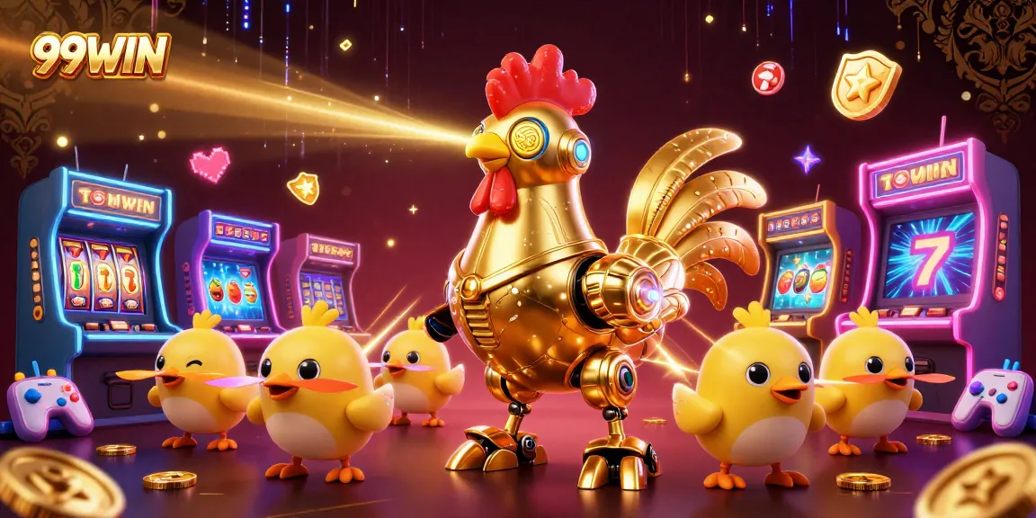 Engage with vibrant gaming at 99WIN featuring dynamic slot elements and a whimsical rooster robot.