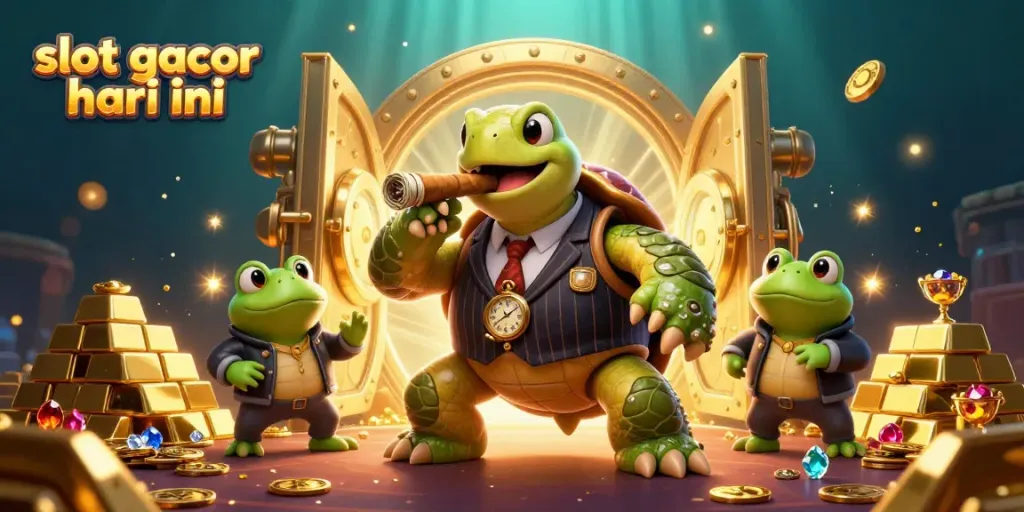 Engage with the thrill of slot gacor hari ini through a dynamic 3D scene featuring a snapping turtle mobster and bullfrog enforcers.