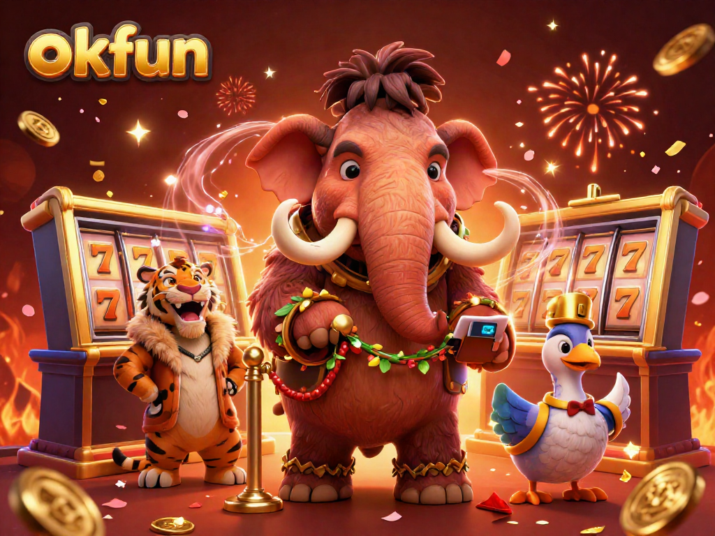 Engage in thrilling casino adventures with okfun, featuring a vibrant scene of a casino bouncer and VIP guests.