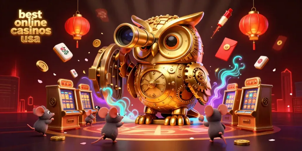 Experience excitement at the best online casinos usa with a dynamic casino floor scene featuring golden owl and lively elements.