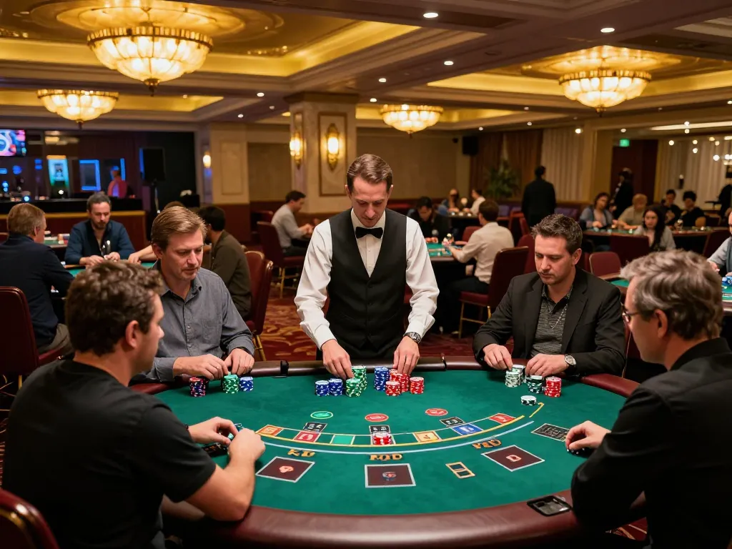 Players enjoying strategic gameplay at gamebaidoithuong8 blackjack tables under ambient lighting.