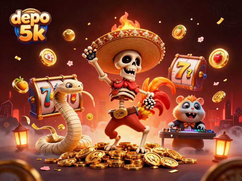 Experience wins at depo 5k with vibrant 3D illustrations of joyful characters and slot games.