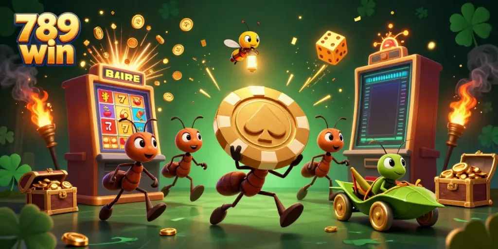 Experience thrilling 789 win action with cartoon ants on a heist carrying a golden poker chip amidst an explosion of casino elements.