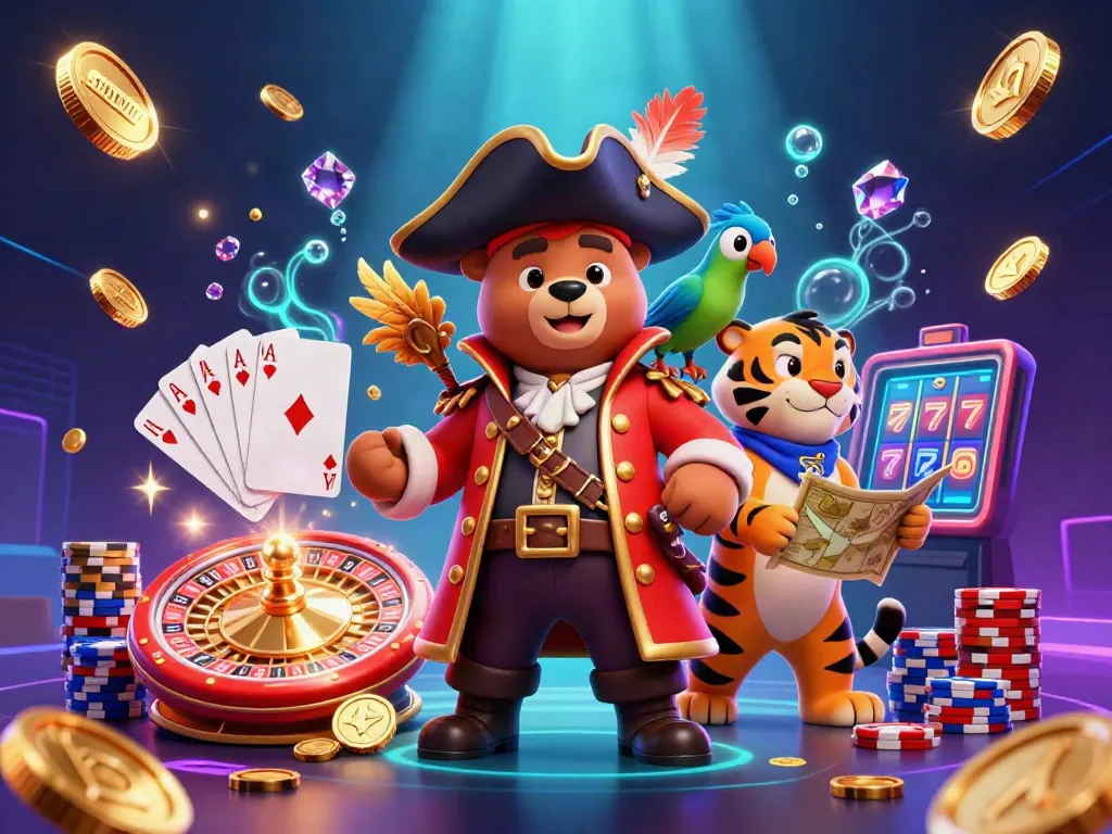 Engage with sunwin casino thrills featuring a pirate bear, tiger, and treasure in a vibrant scene.