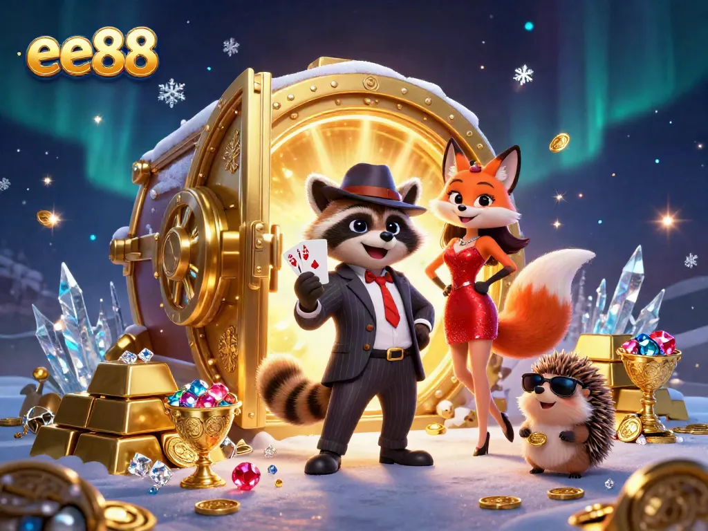 Experience thrilling gameplay with ee88 at a vibrant online casino, featuring a raccoon holding a royal flush.